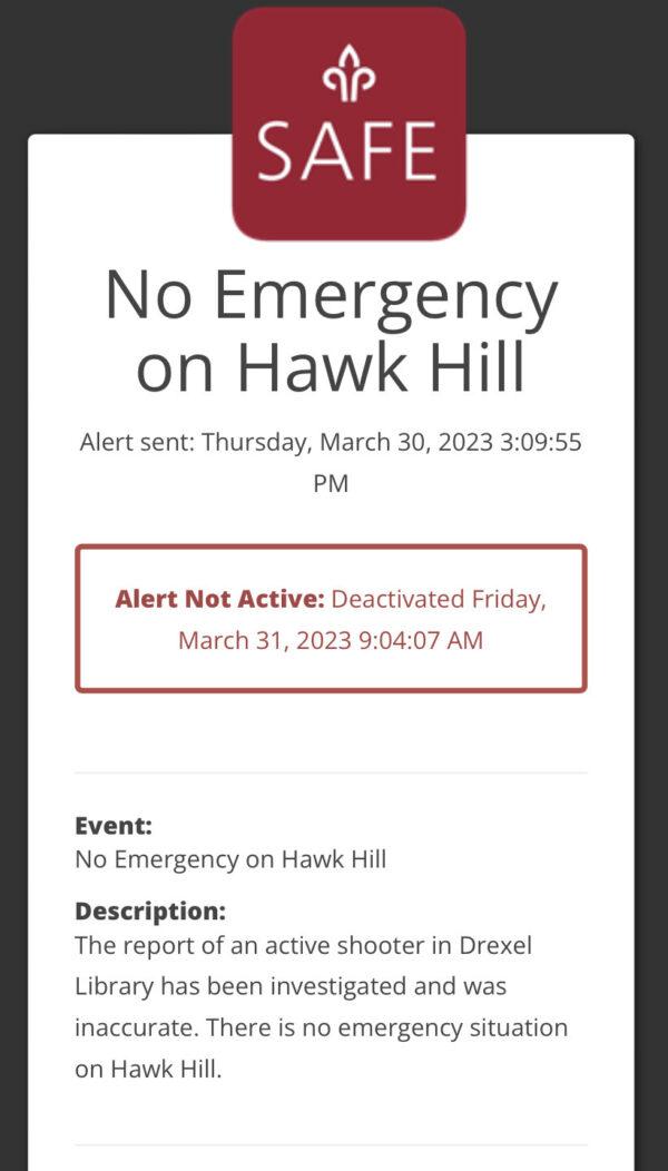 Screen grab of the alert sent by the university to the St. Joe's community on the SJUSafe app March 30.