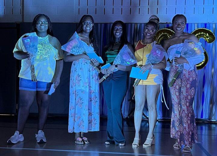 The graduating members of Culture Shock at Cultural Fusion April 14 in the ARC on the UCity
campus. From left to right: Victoria Kolawole ’23, Lillian Appiah ’23, Laura Agyemang ’23, Jose-Anne Carrington ’23 and Olive Ihem ’23.
