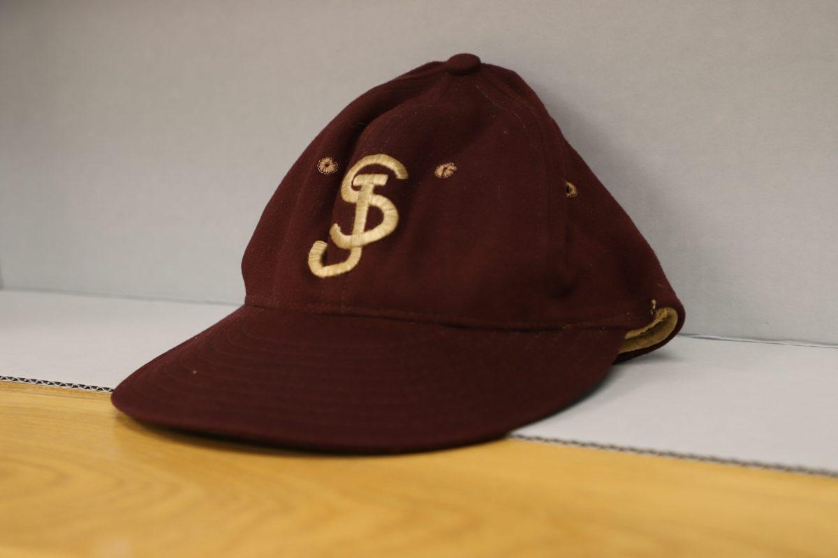 The St. Joes College baseball hat worn in the 1968 season PHOTO: KELLY SHANNON ‘24/THE HAWK
