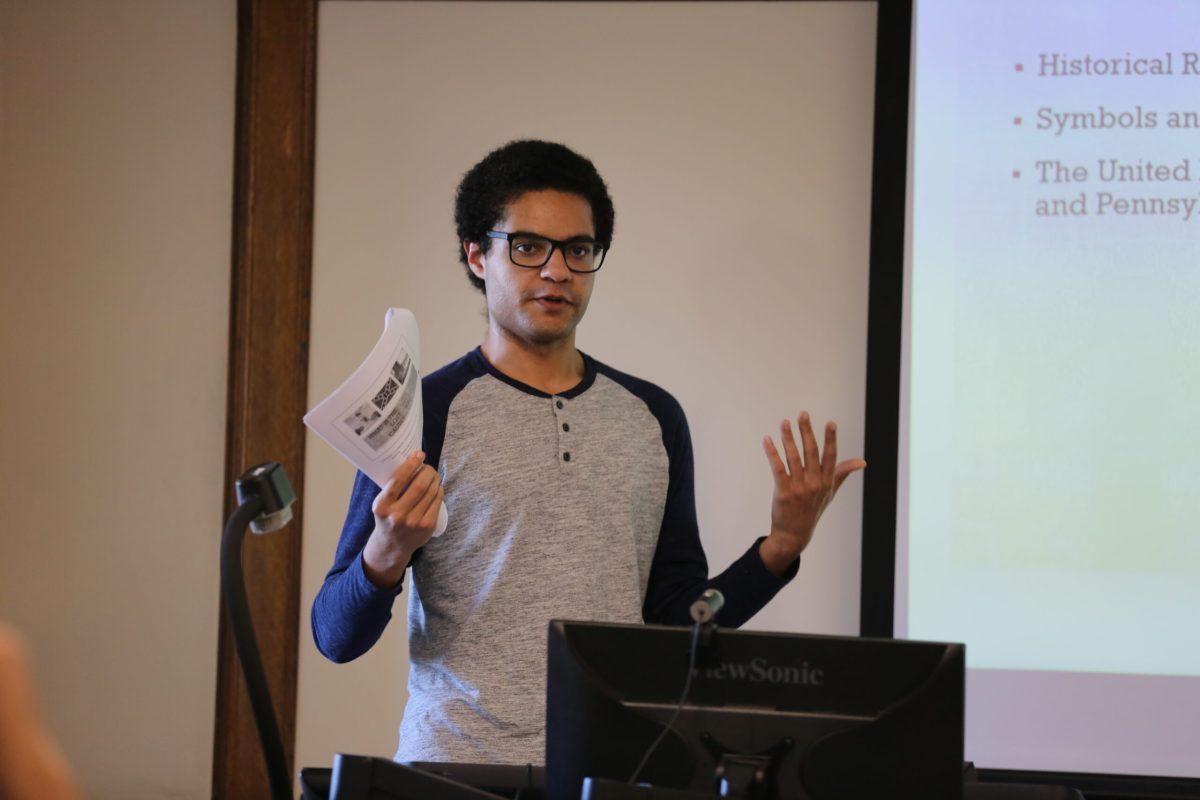 Connor Mignano ’23 presents “Myth and Memory: The Lost Cause of Pennsylvania” to Saint Joseph’s history
department in Barbelin Hall, April 12. PHOTO: MADELINE WILLIAMS '26/ THE HAWK