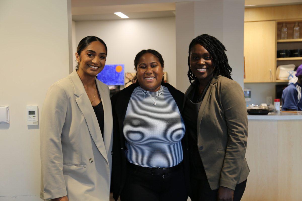 Ashley Varghese ’17, J.D., Ashley Hyman ’18, J.D. and Chelsea Kimball ’19, J.D., pose after a Q&A hosted by the CID.

PHOTO: MADELINE WILLIAMS ’26/THE HAWK