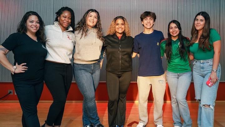 Dance instructor Kristin Santiago (L), poses with Imani Briscoe ’17, Chelsea Flores ’24, Ashley Morales ’24, Diego Coifman ’26, Jaquelin Del Real ’24 and Isabella Colina Hidalgo ’24 at the
Latin Student Association salsa night in The Perch. PHOTO COURTESY OF BRYAN OLVERA, GATO MALO MEDIA LLC