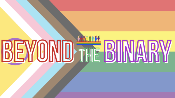 graphic of an LGBTQIA+ pride flag with text reading "Beyond the Binary"