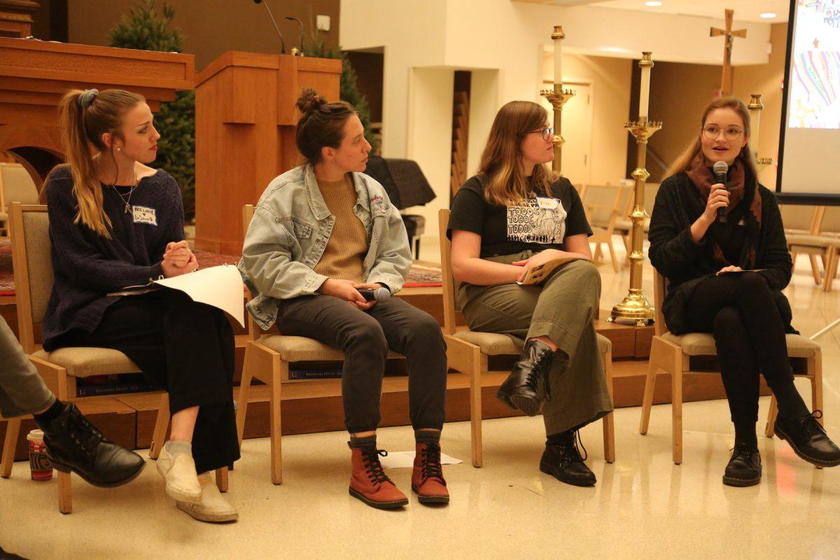 Panelists Melanie Guckin, Becky McIntyre ‘17, Elise Stankus and Julia Osęka ’25
discuss their experiences in Rome with the audience at Dispatches from Rome,
the Synod Continues, Nov. 28.