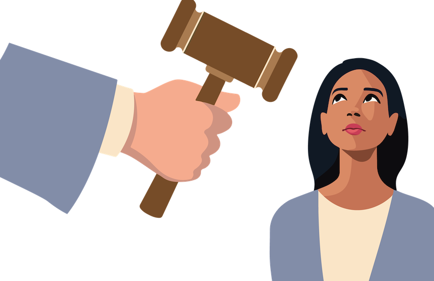 graphic of a judge dropping hammer in front of a woman