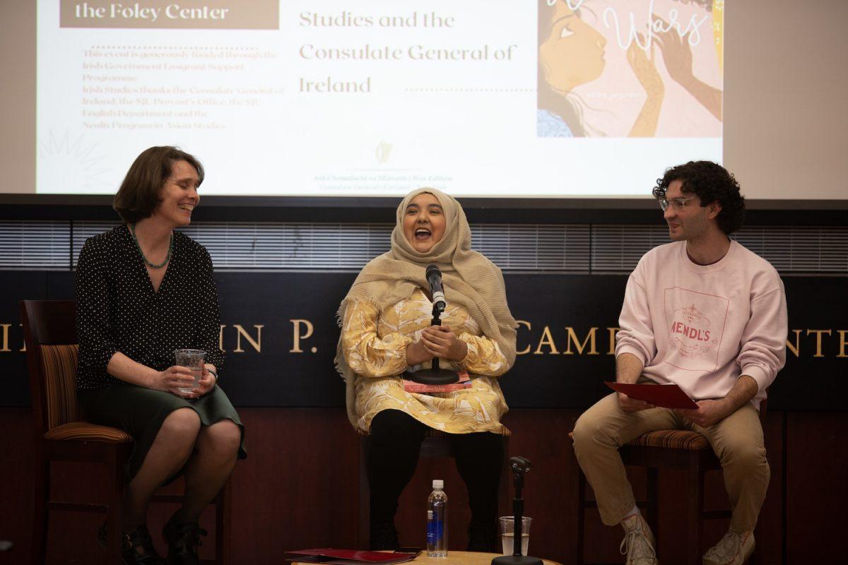 (Left to Right) Kersti Powell, Ph.D., Adiba Jaigirdar and Ben Vanelli ’25 discuss “The Henna Wars” at Cardinal Foley Campus Center April 18. PHOTO: LUKE SANELLI ’26/THE HAWK