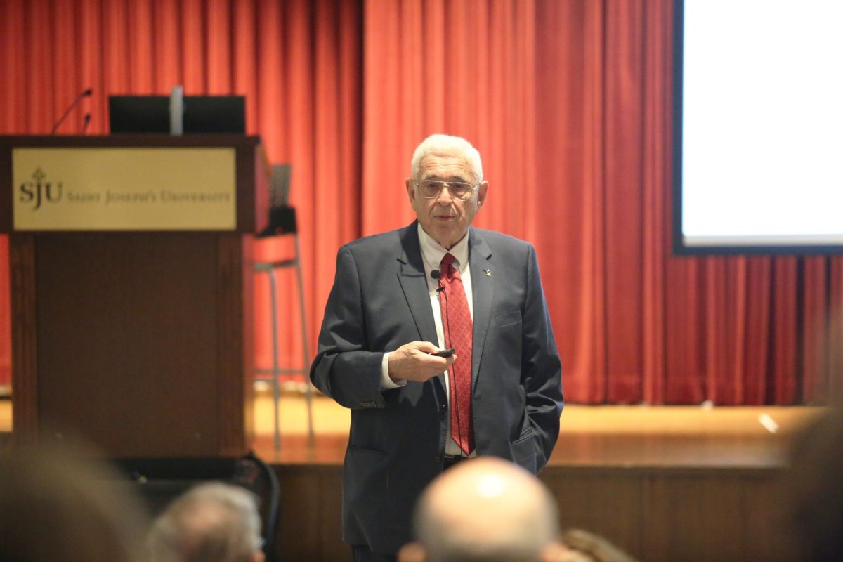 S. Ilan Troen speaks to an audience in the Mandeville Teletorium about the multiple narratives
surrounding Israel and Palestine, Sept. 16. PHOTO: MADELINE WILLIAMS ’26/THE HAWK