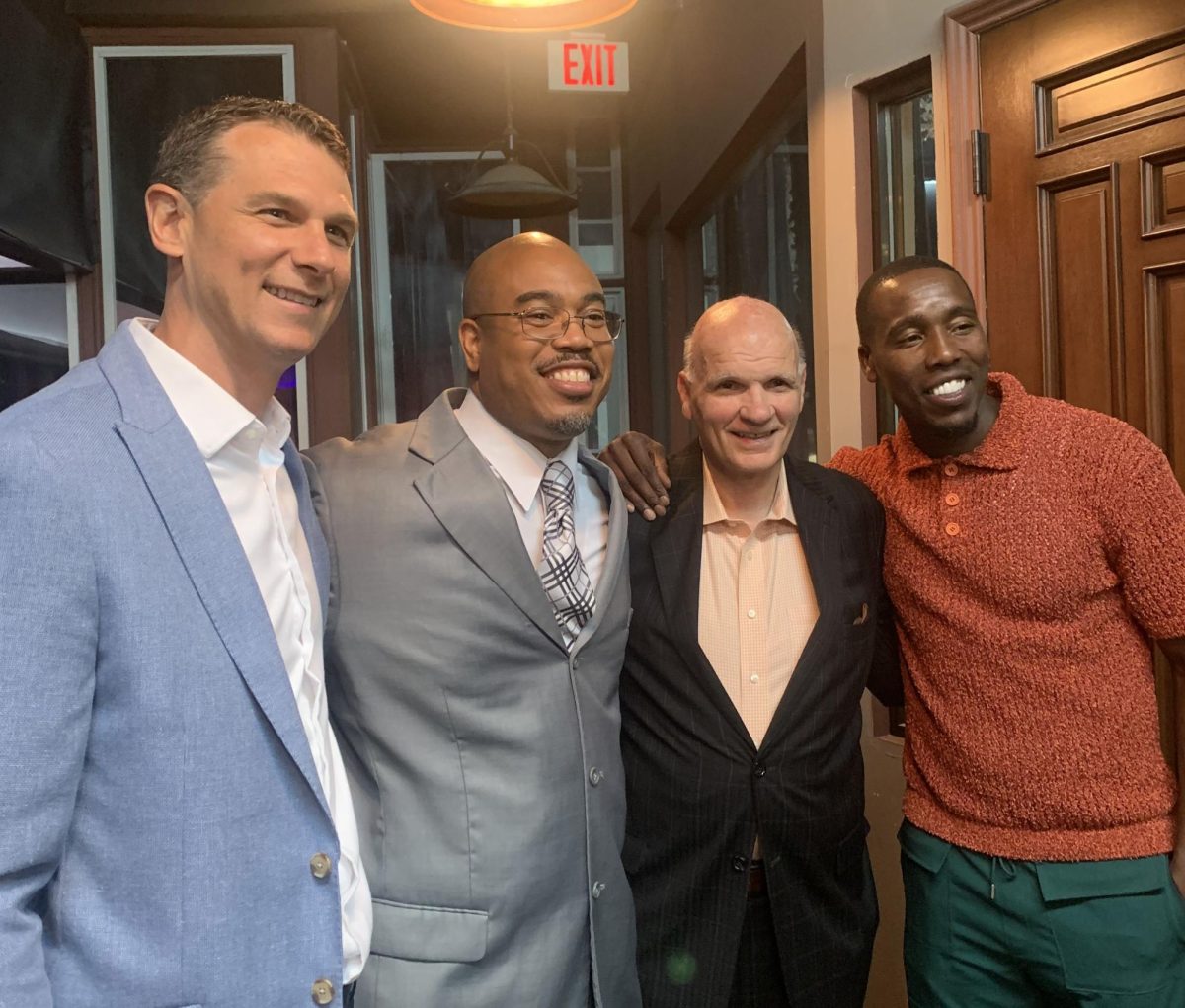 Left to Right: Pat Carroll ’05, M.S. ’14, Rob Hartshorn ’04, Phil Martelli and Tasheed Carr ’09 at the Philadelphia Legacies Portrait & Community Awards ceremony, Sept. 7.
PHOTO COURTESY OF PAT CARROLL ’05, M.S. ’14