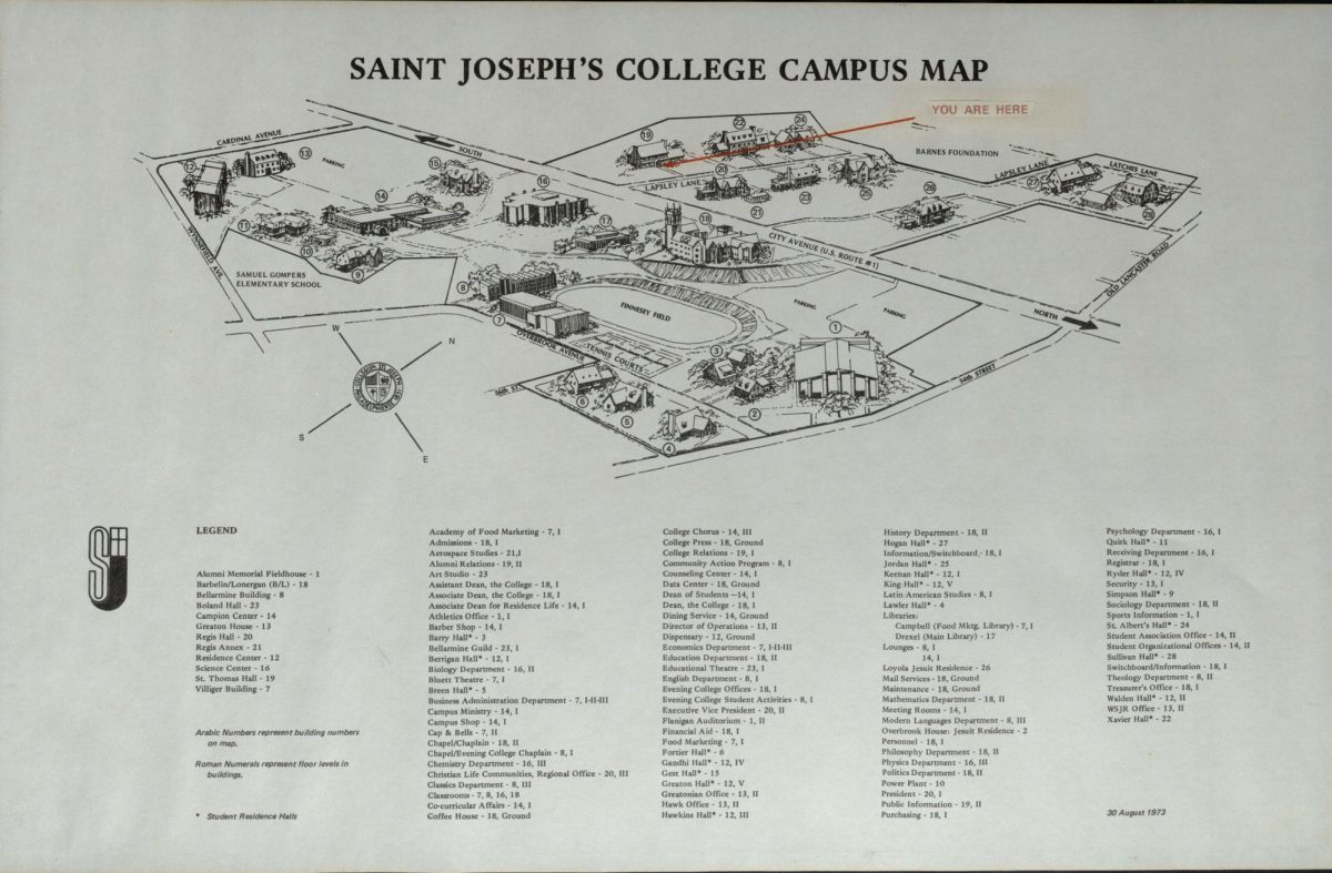 Saint Joseph’s College campus map from 1973. PHOTO COURTESY OF DEBORAH LENERT