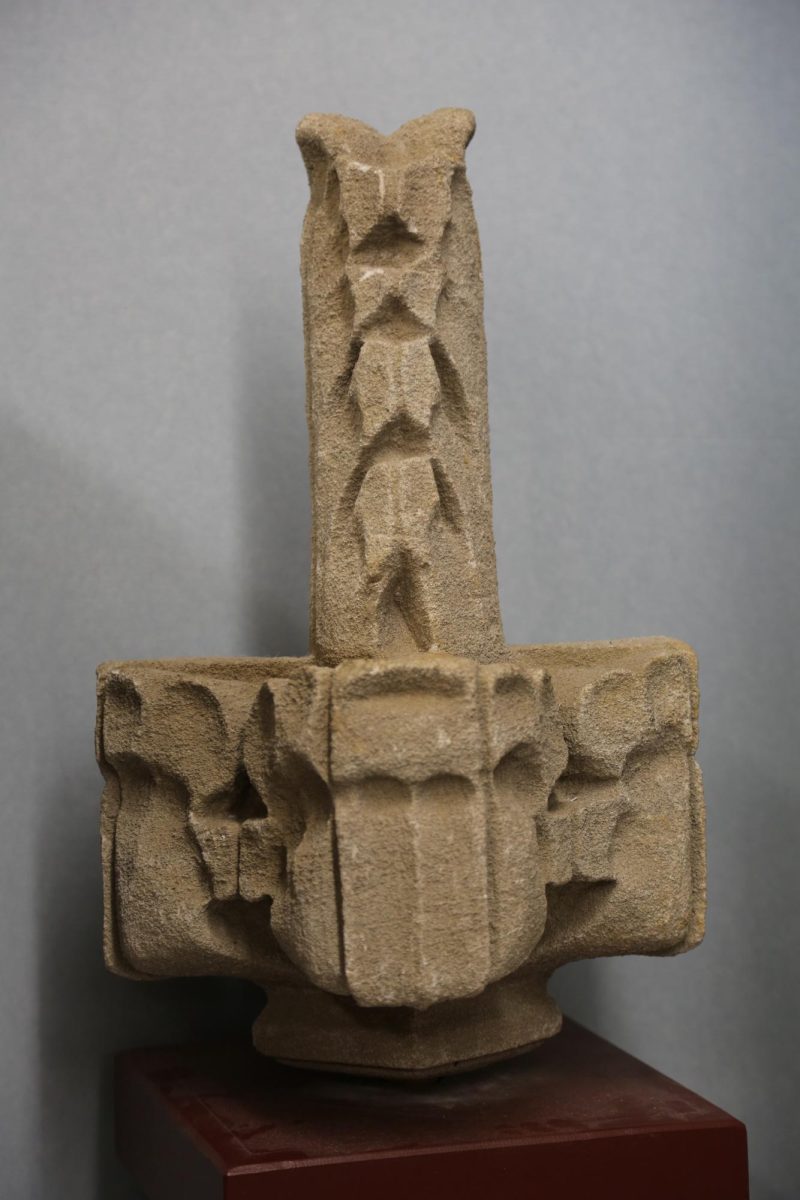 A “pinnacle,” the stone top of one of the columns on Barbelin Hall’s bell tower, located in
the St. Joe’s Archives. PHOTO: MADELINE WILLIAMS ’26/THE HAWK