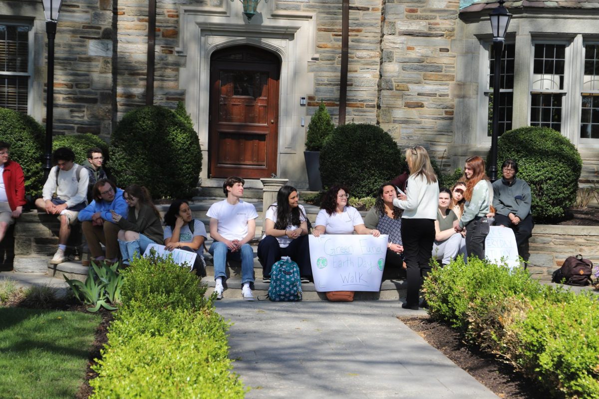 St. Joe’s President Cheryl A. McConnell, Ph.D., speaks to participants of SJU Green Fund’s Earth Day walk and sit-in outside Regis Hall April 22. PHOTO: LUKE SANELLI ’26/THE HAWK