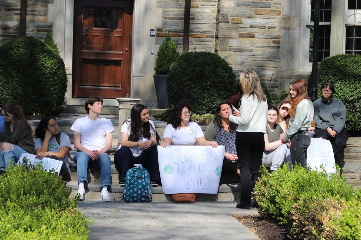 St. Joe’s President Cheryl A. McConnell, Ph.D., speaks to participants of SJU Green Fund’s Earth Day walk and sit-in outside Regis Hall April 22. PHOTO: LUKE SANELLI ’26/THE HAWK