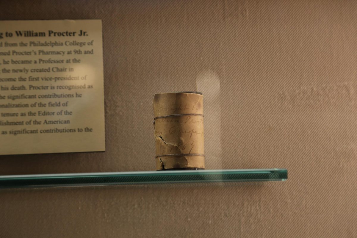 William Procter Jr.’s metal medicine canister, located in the Marvin Samson Museum for the History of Pharmacy.
PHOTO: MADELINE WILLIAMS ’26/THE HAWK