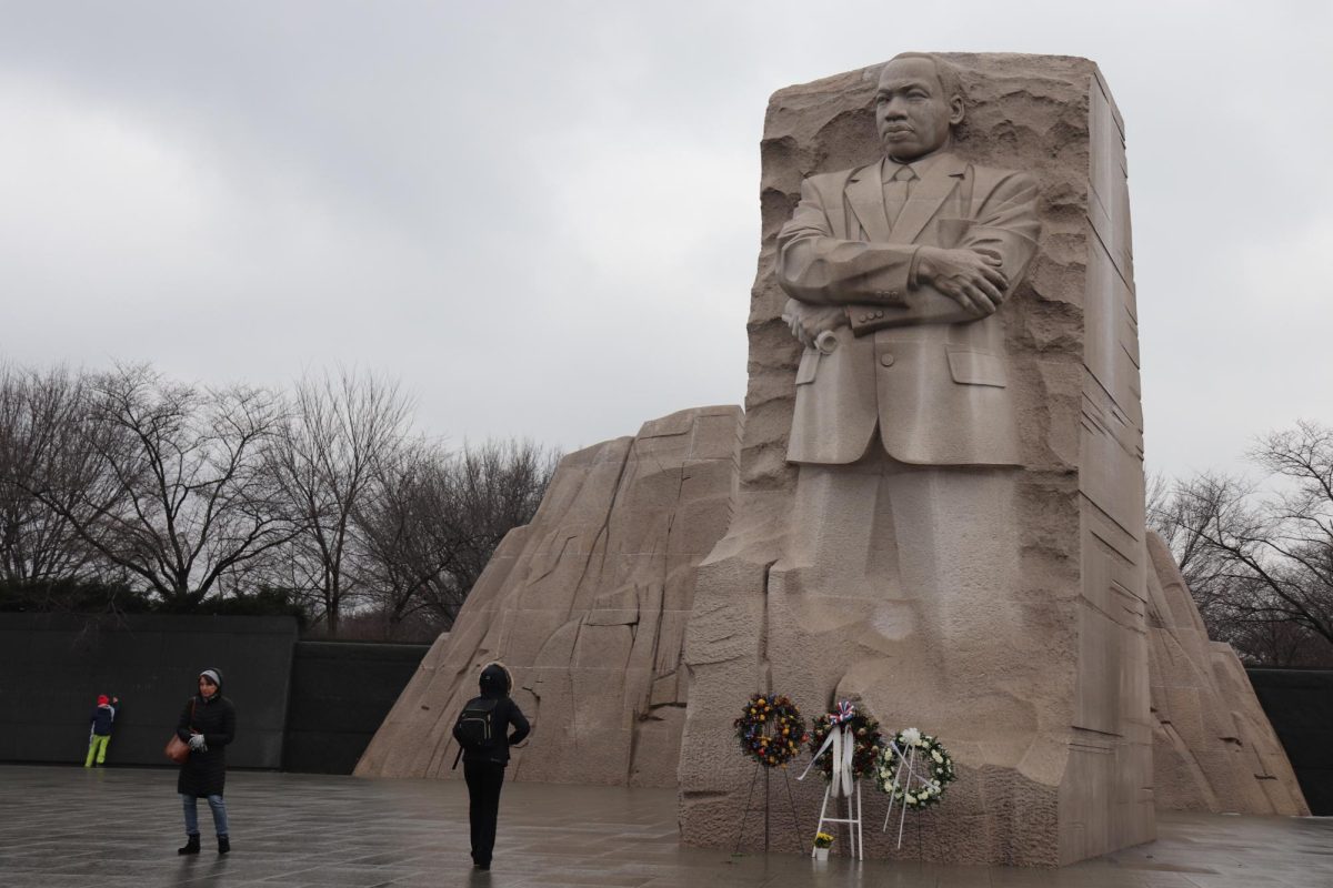 The Martin Luther King, Jr. Memorial with three wreaths displayed at its base, in Washington, D.C., Jan. 19. PHOTO: HANNAH PAJTIS ’26/THE HAWK