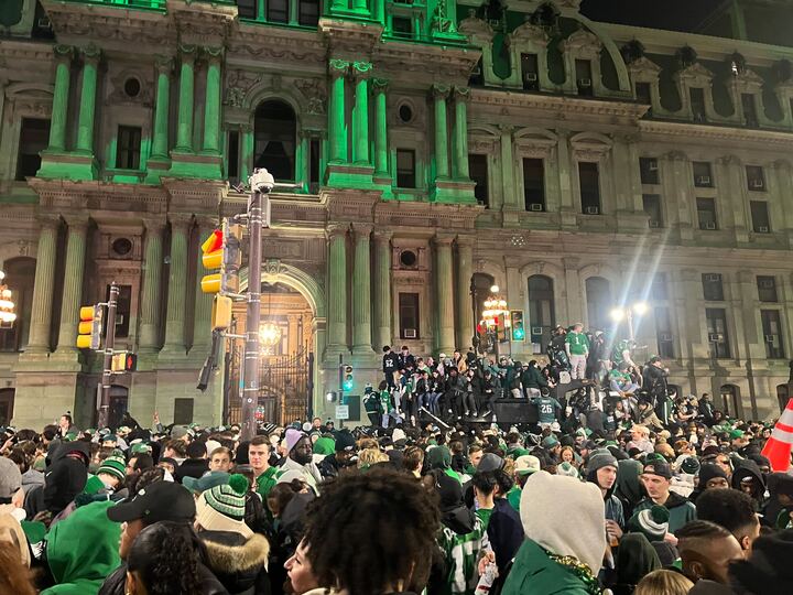 Fans celebrate the Eagles’ NFC championship game win on Broad Street, Jan. 26. PHOTO: KATRINA ERWIN ’25