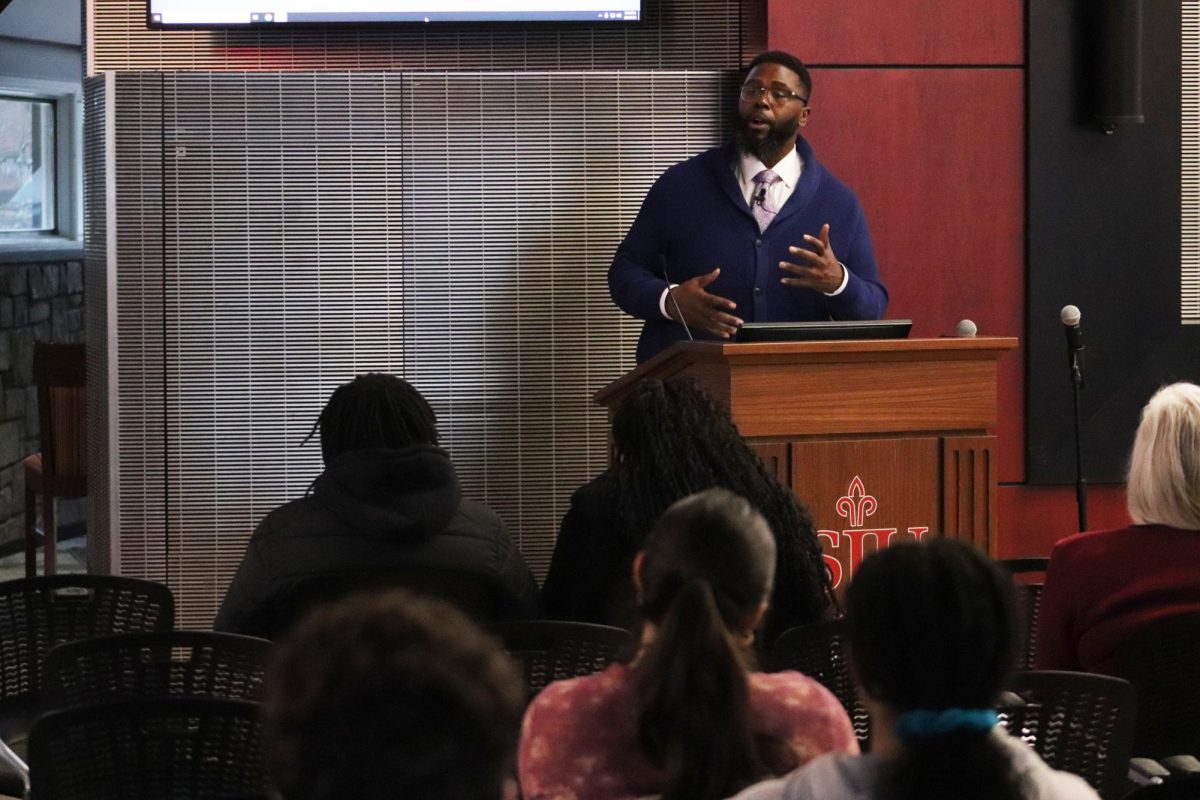 Anthony Abraham Jack, Ph.D., gives a talk to students in the Cardinal Foley Center, Feb. 6.
PHOTO: LUKE SANELLI ’26/THE HAWK