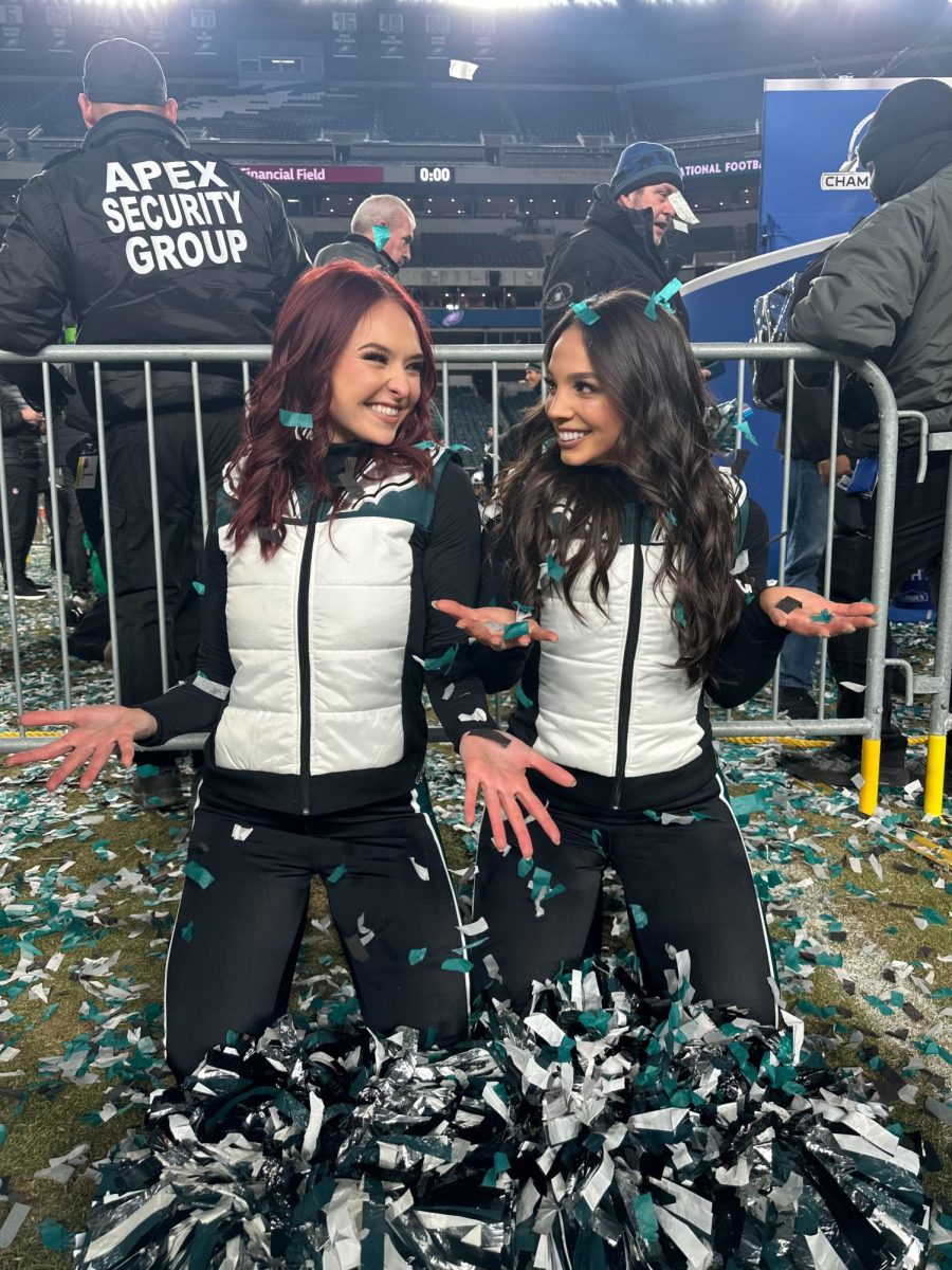 Cassie Boone ’17 and Lucia Petrongolo ’19 throw confetti after the NFC championship game, Jan. 26. PHOTO COURTESY OF CASSIE BOONE ’17