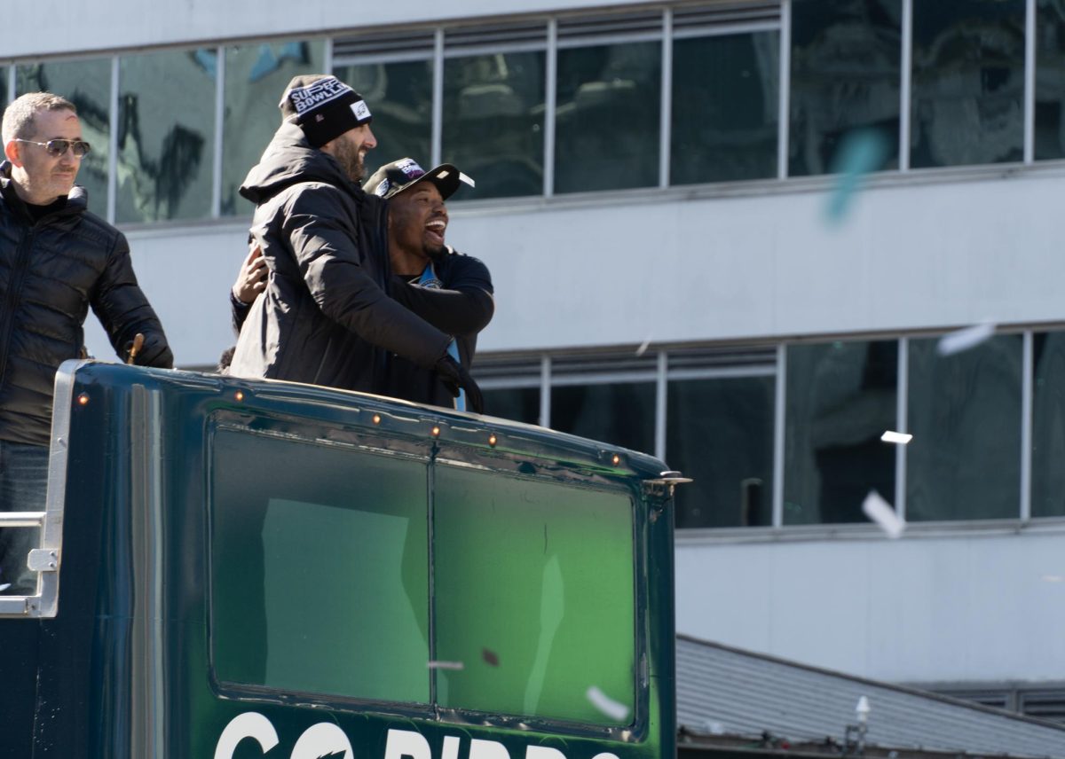 Nick Sirianni and Kenneth Gainwell celebrate on the Eagles 2025 Super Bowl parade bus. PHOTO: DELANEY SHUR ’27/THE HAWK