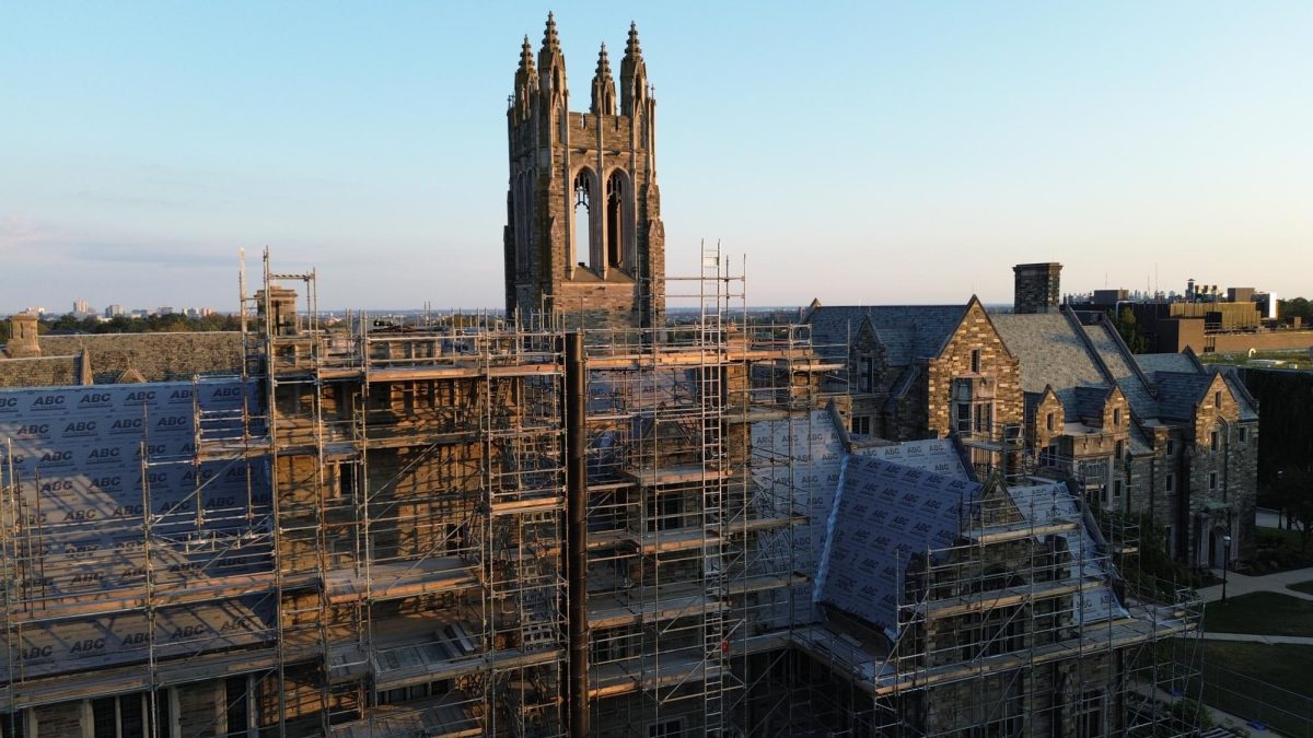 Scaffolding covers the exterior of Barbelin Hall during ongoing renovation work on the historic campus building.
The aerial image was taken by drone Sept. 13. PHOTO: DEE ALABEDE ’26/THE HAWK
