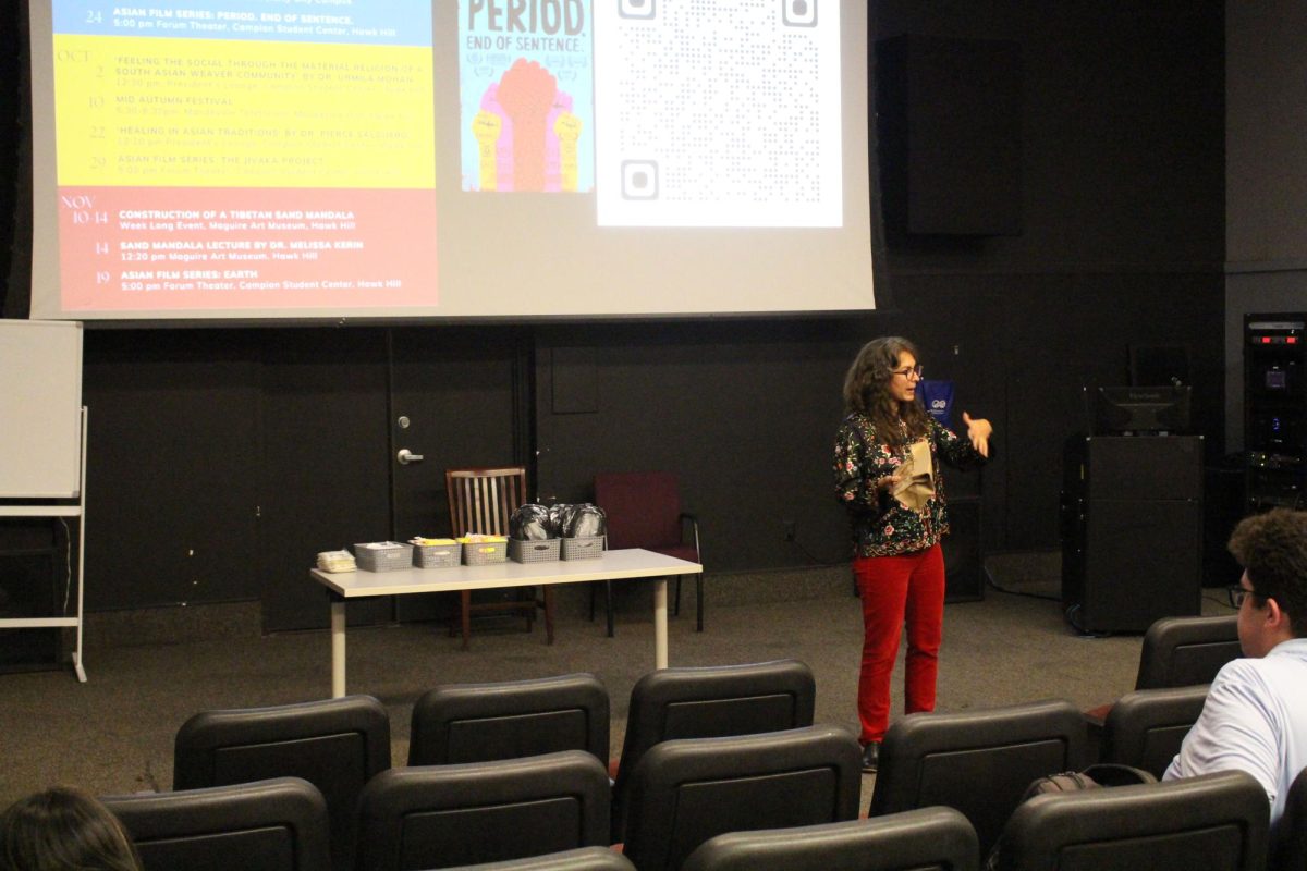 Amber Abbas, Ph.D., discusses “Period. End of Sentence.” with viewers, Sept. 24
PHOTO: DEE ALABEDE ’26/THE HAWK