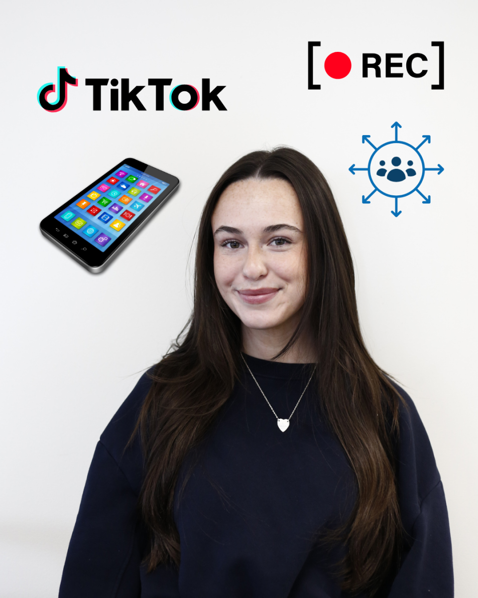 Ava Vozza ’26 starts most days recording herself in the mirror for her over 1,000 followers on TikTok. 
PHOTO: DEE ALABEDE '26/THE HAWK
GRAPHIC: HANNAH PAJTIS '26/THE HAWK