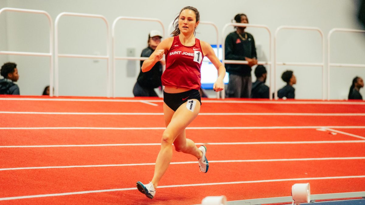 Tess Crossan broke the school record in the 500-meter race at the Quaker Invitational meet, Jan. 17. PHOTO COURTESY OF SJU ATHLETICS/EDMUND ARQUITOLA '28