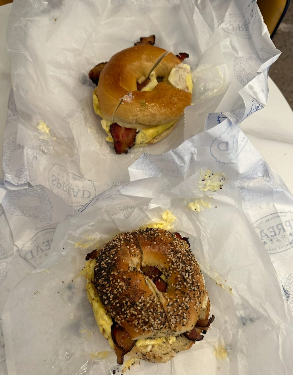 A bacon, egg and cheese sandwich on a from Spread Bagelry. PHOTOS: EMILY TACONET ’27