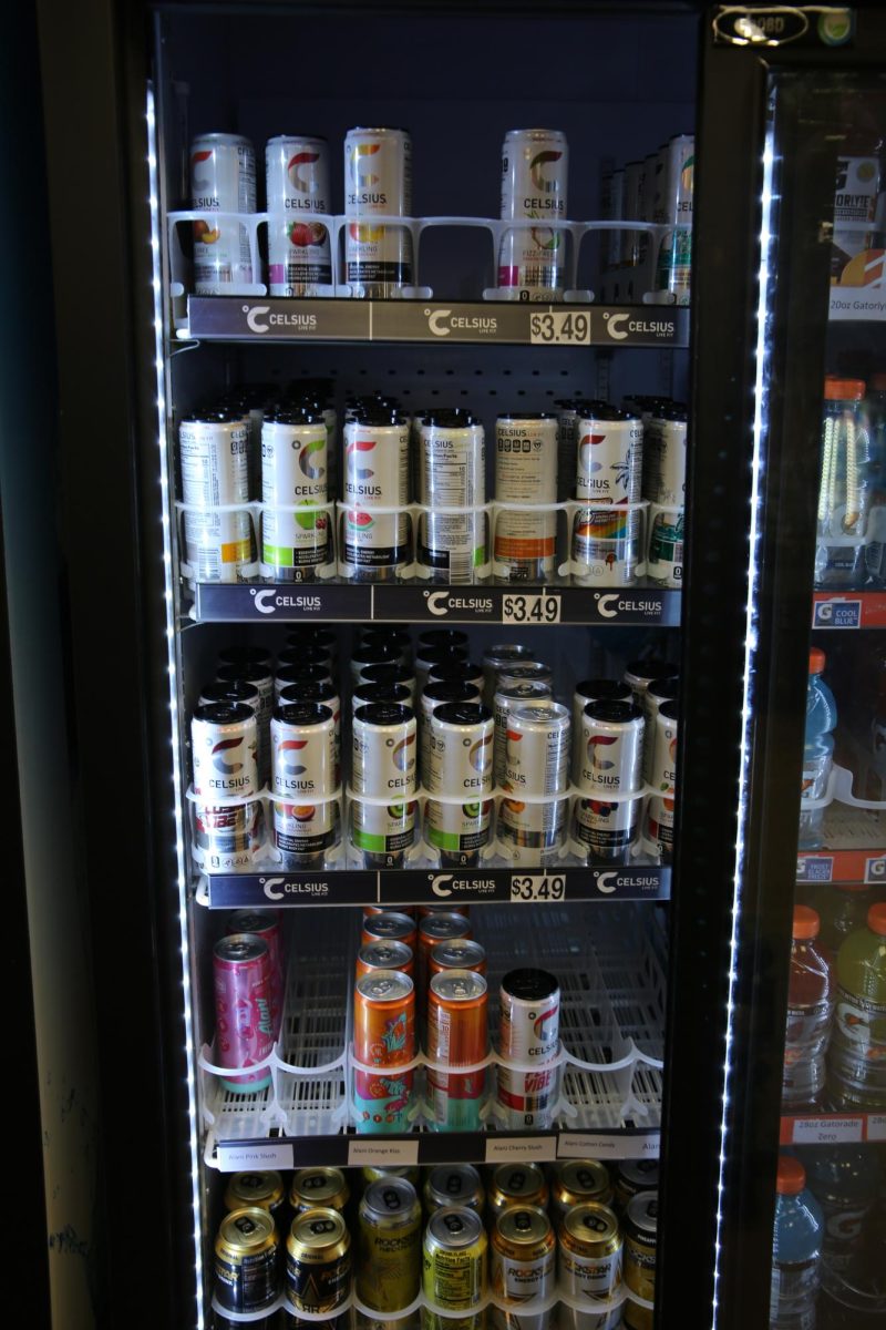 Refrigerator with energy drinks in The P.O.D. in the Campion Student Center. PHOTO: ZACH PODOLNICK ’26/THE HAWK
