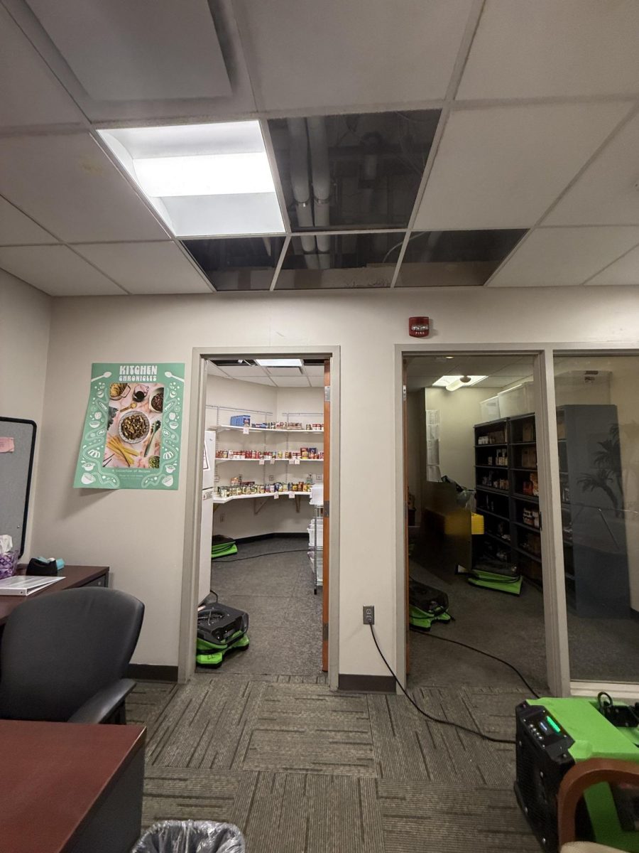 Fans dry out a suite of offices in Griffith Hall 140, which houses the Writing Center, HawkHUB and archives for the Marvin Samson Museum for the History of Pharmacy. The space was damaged after a heating coil burst. PHOTO: THE HAWK