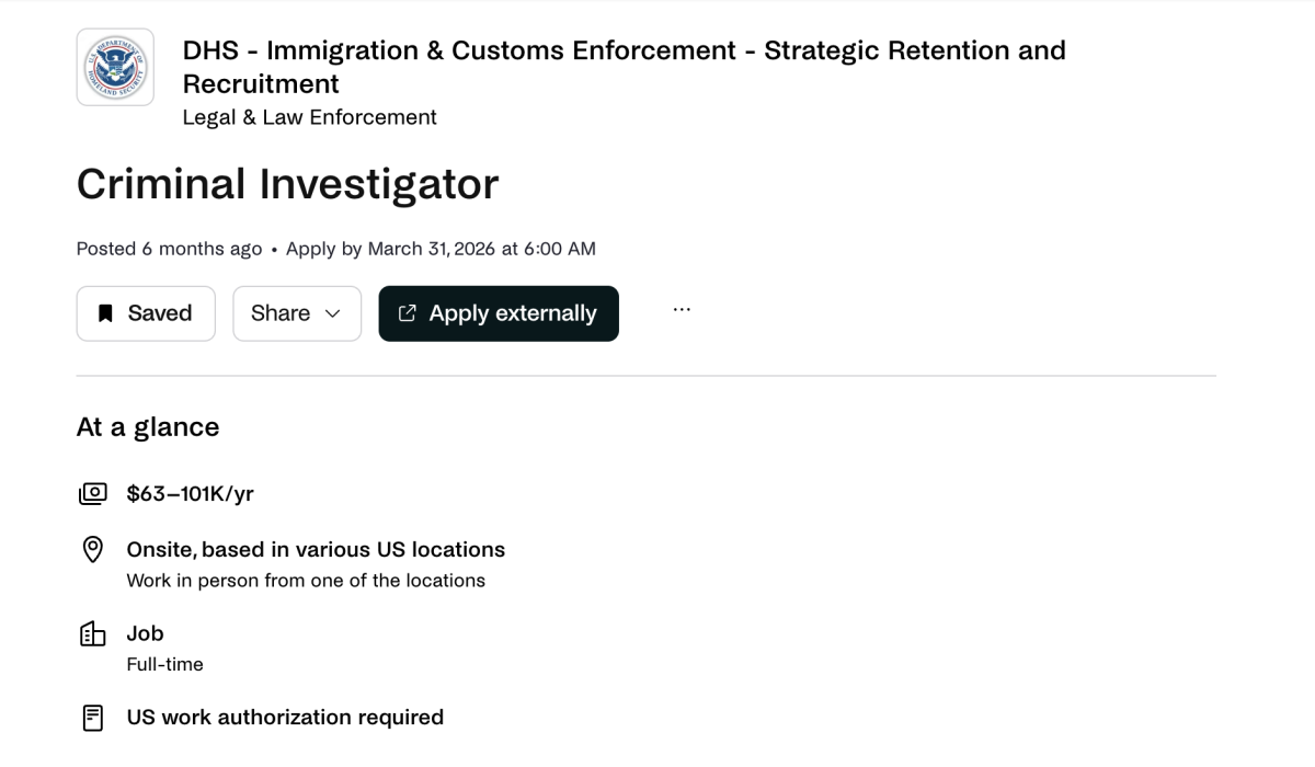 A Feb. 17 screenshot of a job listing for a criminal investigator with U.S. Immigration and Customs Enforcement from St. Joe’s Handshake, an employment recruitment platform for college students and recent graduates. SCREENSHOT: THE HAWK