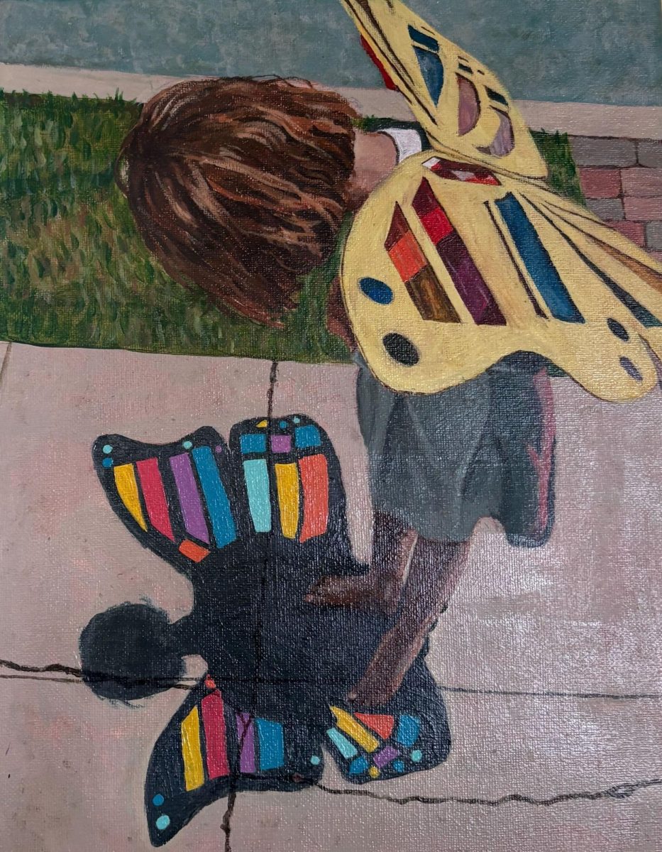 Intended to reflect childhood nostalgia, Bailey Shoaf ’28 created “Backyard Metamorphosis” for her sister. PHOTO: ZACH PODOLNICK ’26/THE HAWK