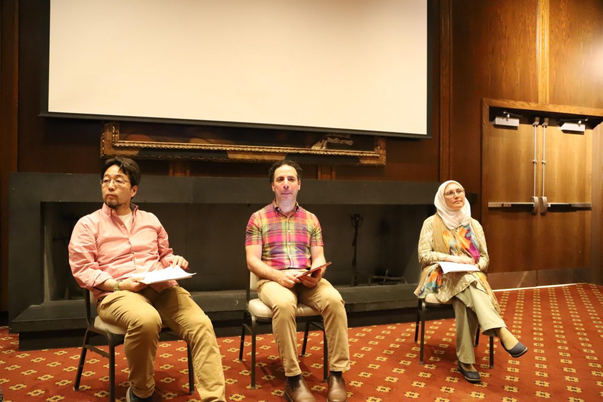 Left to right: Kazuya Fukuoka, Ph.D., Yasser Sultan, Ph.D., and Umeyye Isra Yazicioglu, Ph.D., speak on the current war against Iran in the President’s Lounge April 16. PHOTO: FELICIA CARROLL ’27